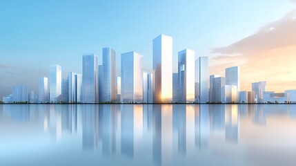 Fototapeta premium Modern skyscrapers reflect in serene waters as the sunset paints the skyline with warm hues