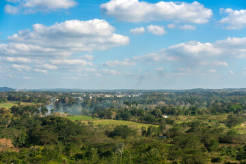 Obraz premium Aerial view of rural landscape with palm trees and crop fields on the outskirts of Havana, Cuba.