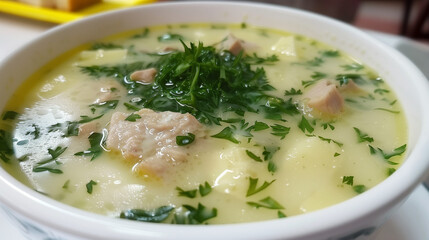 Chicken soup with potatoes and fresh dill in a white bowl.