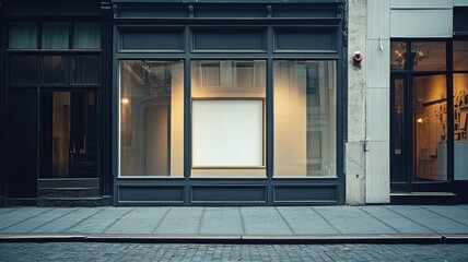 Empty storefront with large display window and gray exterior facing cobblestone street