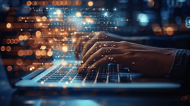 Businessman Typing on Laptop with Digital Hologram of Network and Code in Dark Office Background Business Technology Concept