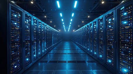 Futuristic Data Center Server Cabinets with Blue Lighting High-Tech Network Facility for Cloud Computing and Cyber Security Ultra Realistic 3D Rendering of Digital Storage Technology
