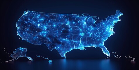 Blue Glow Map of United States, Abstract Digital Art, Population Geography, Census Data and Trends