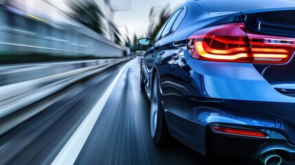 Rear view of a blue Business car at high speed in turns, AI generated image