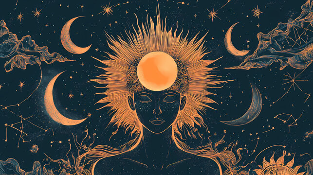 Magical banner for astrology, celestial alchemy. heavenly art for the zodiac, tarot, device of the universe, crescent moon and a person with a sun around their head. Celestial. Illustration