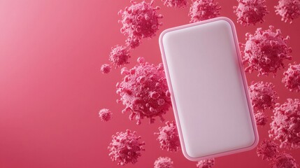 A sleek smartphone surrounded by pink viruses on a vibrant background symbolizes digital health and the fight against pathogens.