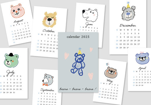 Artistic Calendar 2025 With Cute Bears Layout