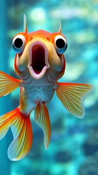 Goldfish opens its mouth underwater, showcasing vibrant gills in a serene aquatic environment