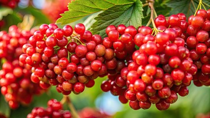 Ripe bright red viburnum berries in a bunch , vibrant, vibrant red, ripe, vibrant berries, viburnum, nature, botanical, cluster