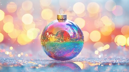 Obraz premium A colorful, shimmering Christmas ornament sits atop a reflective surface, surrounded by a blurred, festive background of soft lights.
