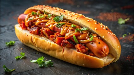Korean kimchi hotdog sensation with crispy bun and spicy toppings, Korean, kimchi, hotdog, sensation, crispy, bun, spicy