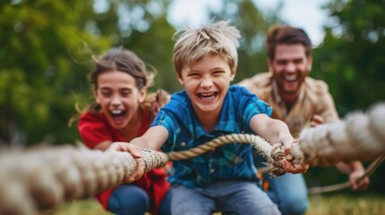 Fototapeta premium A game of tugofwar is taking place with parents and children on opposite sides laughing and competing in goodnatured fun.