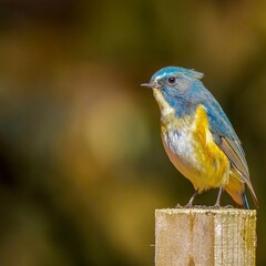 杭にとまってのんびりくつろぐルリビタキ オス