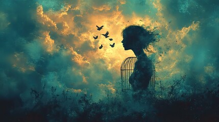 Obraz premium A beautiful illustration depicts freedom, symbolized by a bird soaring from a shattered cage into a sky filled with clouds and limitless possibilities.