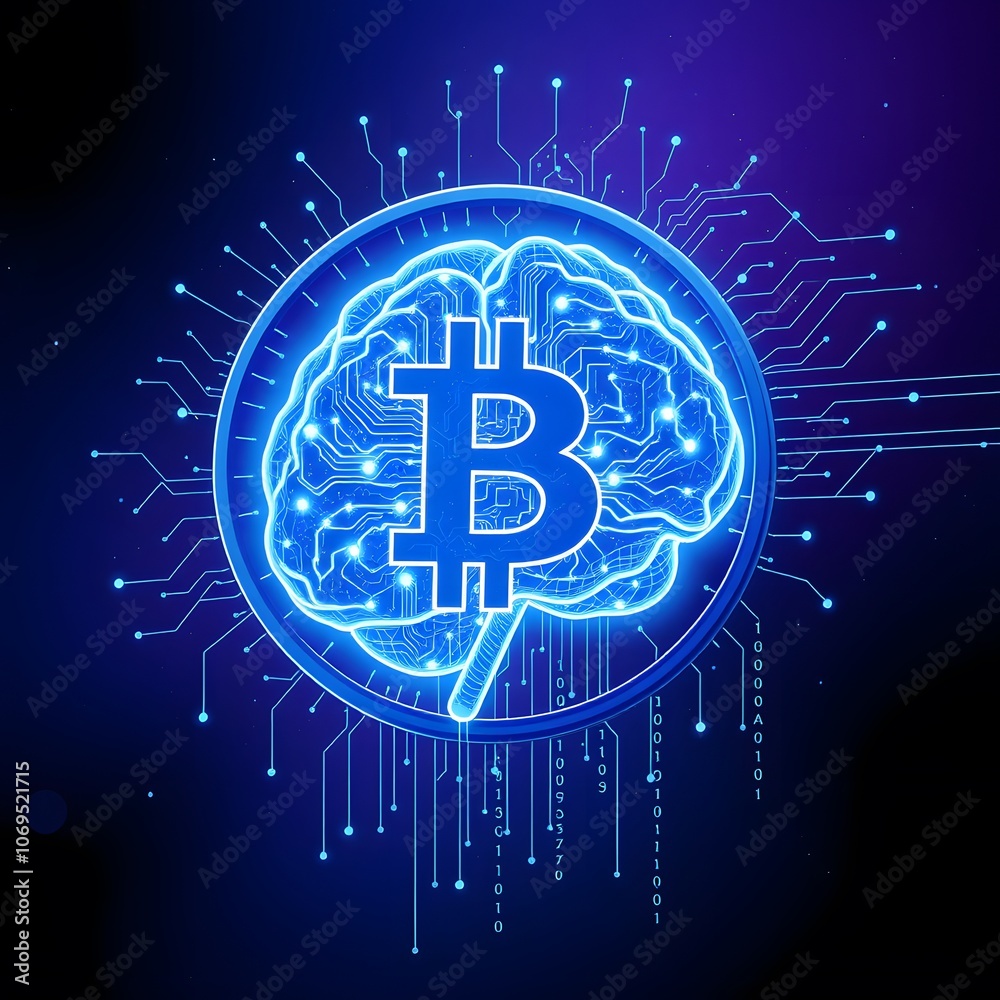 Poster innovative 2-bit coin design featuring a futuristic luminous brain for technology enthusiasts and co