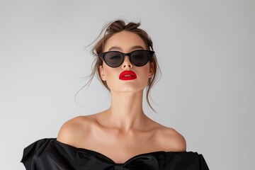 Stylish woman in black cat-eye sunglasses, bold red lipstick, elegant black off-shoulder outfit, chic updo hairstyle, minimalistic studio background, modern and luxurious fashion

