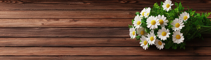 Obraz premium A bouquet of white daisies on a rustic wooden table, beautifully arranged with green leaves, creating a fresh and natural ambiance.