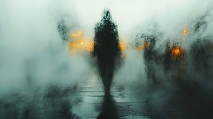Fototapeta premium A blurred silhouette of a figure behind frosted glass evokes mystery and horror with grain effects.