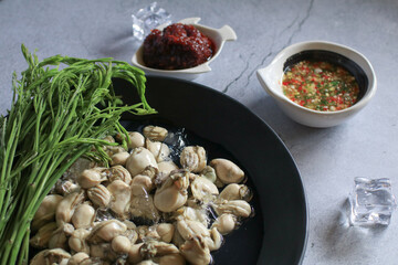 Fresh oysters served with seafood sauce, fried red onion and Acacia leaves on ice in black plate. Healthy sea food