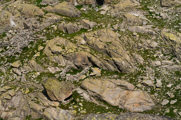 A detailed view of a rocky terrain featuring large boulders and scattered stones, interspersed with...