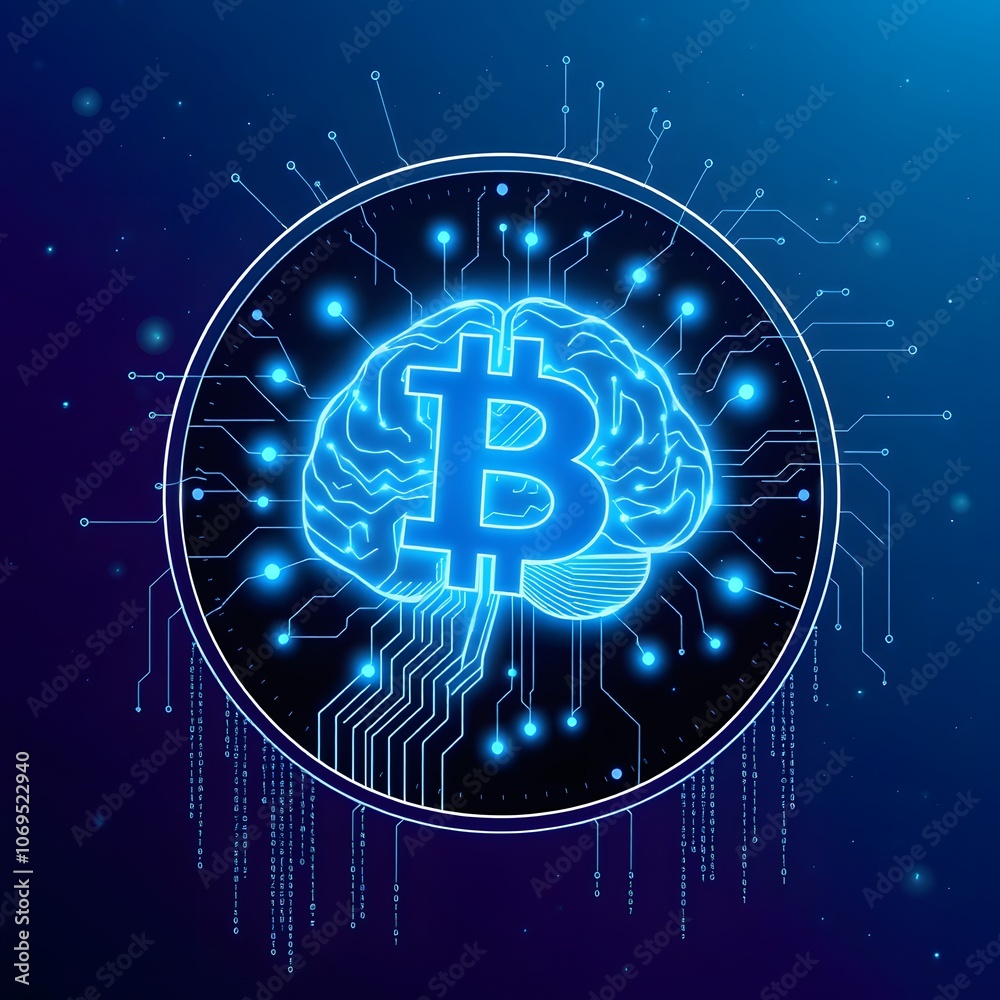Poster futuristic 4-bit coin featuring a luminous brain design ideal for cryptocurrency and tech illustrati