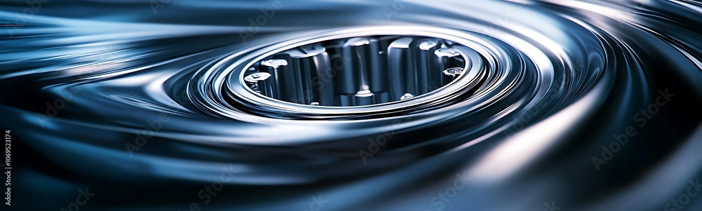 Fototapete A mesmerizing close-up of a metallic circular object surrounded by smooth, flowing lines, creating a sense of motion and depth.