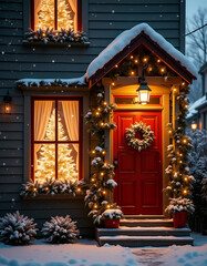 A house with a red door, adorned with Christmas lights and a wreath, surrounded by snow-covered plants, illuminated by warm lights, with the sky adding to the festive atmosphere.