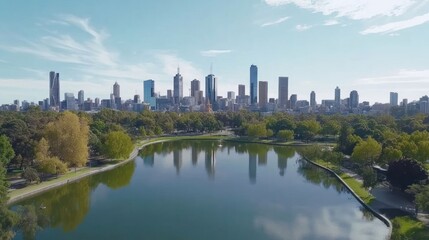 Obraz premium Aerial view of a city skyline beside a tranquil park and lake under a clear blue sky.