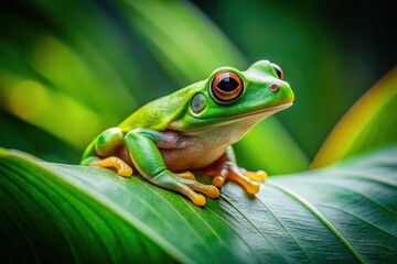 Obraz premium A verdant frog, a tiny emerald, perched on a broad leaf.