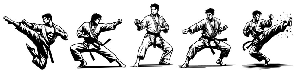 karate warrior in kimono, dynamic body positions