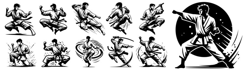 warrior karate fighter in kimono in different poses black vector