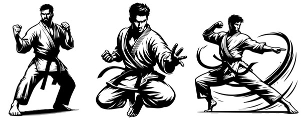 warrior karate fighter in kimono in different poses black vector © Kaz