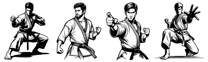 warrior karate fighter in kimono in different poses black vector