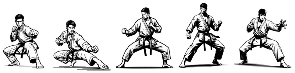 karate fighters demonstrating powerful kicking techniques in line art black vector