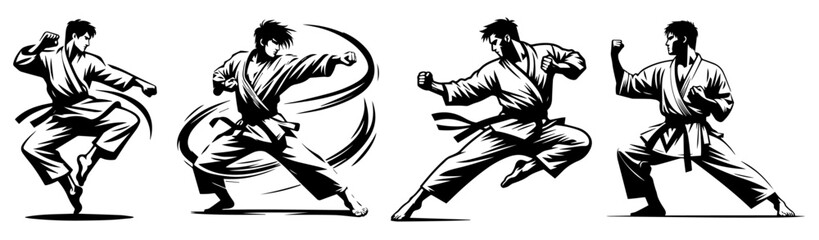 karate fighters demonstrating powerful kicking techniques in line art black vector © Kaz