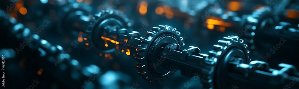 Poster A close-up view of interconnected gears with glowing highlights, depicting mechanical intricacy and industrial design in a dark setting.
