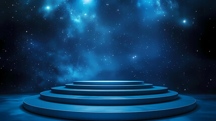 Sleek and contemporary luxury stage concept with a celestial blue backdrop, ideal for displaying high-end items or accolades. artwork. Celestial. Illustration