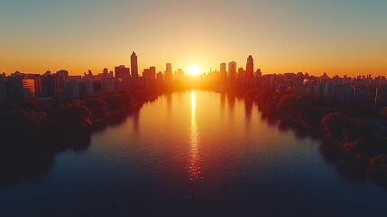 Naklejka premium A city skyline in sunrise is captured in an aerial view, showcasing architectural beauty.