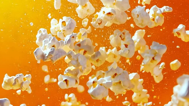 Popcorn kernels dynamically bursting in mid-air with a luminous orange backdrop create a vivid display of action and energy, evoking a sense of excitement and allure.