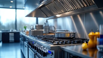 A close-up of a large stainless steel exhaust hood features a grease trap, showcasing industrial kitchen functionality.
