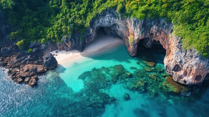 Aerial view of a serene beach cove surrounded by lush greenery and clear turquoise waters.