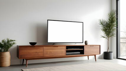 Minimalist living room with a blank TV screen, perfect for advertising display and mockups.