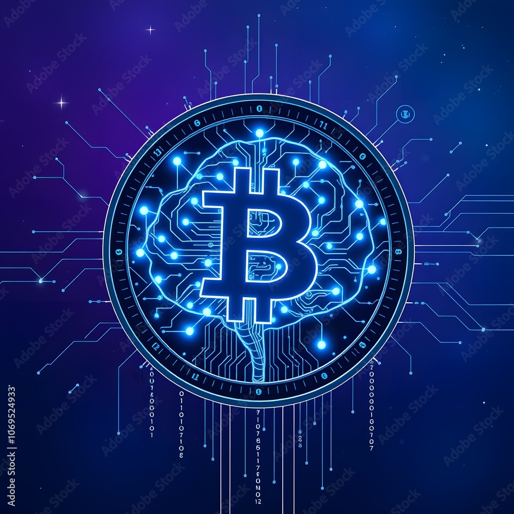 Poster Futuristic 8-Bit Coin Design Featuring a Luminous Brain for Modern Digital Currency Representations