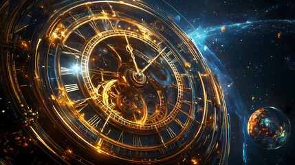 Obraz premium The cosmic clock face, adorned with celestial elements, invites contemplation of the universe's origins and the nature of reality. ideal for projects related to science,. Celestial. Illustration