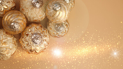 Christmas wallpaper with golden balls, glare and glitter.Holiday layout.Christmas Glow Mockup. Beautiful sparkling Christmas festive background in golden and beige tones 