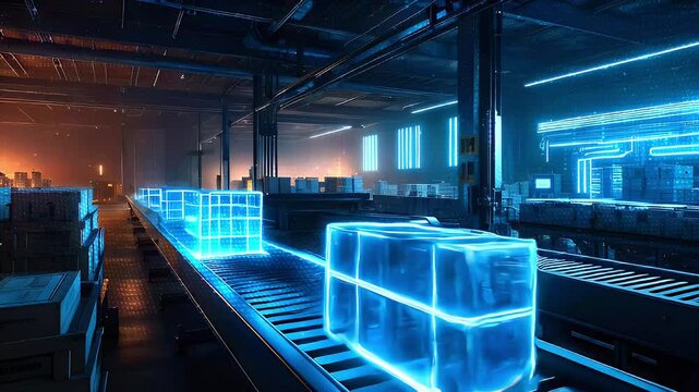 A futuristic automated warehouse with a conveyor belt moving glowing blue boxes.