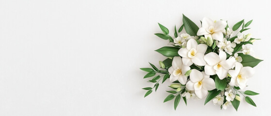 A beautiful arrangement of white flowers and green leaves displayed against a plain background, exuding elegance and freshness.