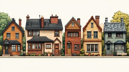 Fototapeta premium A collection of house icons showcases various residential styles, including urban homes and cottages, in a colorful vector format.