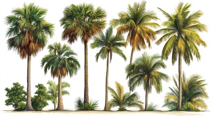 A collection of isolated coconut palm trees on a white background.