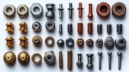 A collection of screw heads, bolts, nuts, and metal nails are isolated against a white background for easy reference.